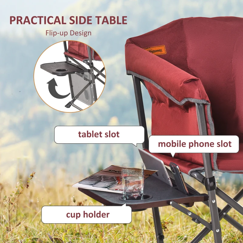 Outsunny Folding Camping Chair, Padded Director Chair with Side Table and Cup Holder, Portable for Picnic, Beach, Hiking, Travel, Red