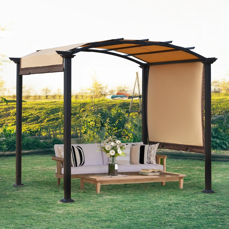 Outsunny 10' x 8' Outdoor Retractable Canopy Pergola Steel Frame Patio Pergola Shelter Sun Shade with Arc Roof, Beige