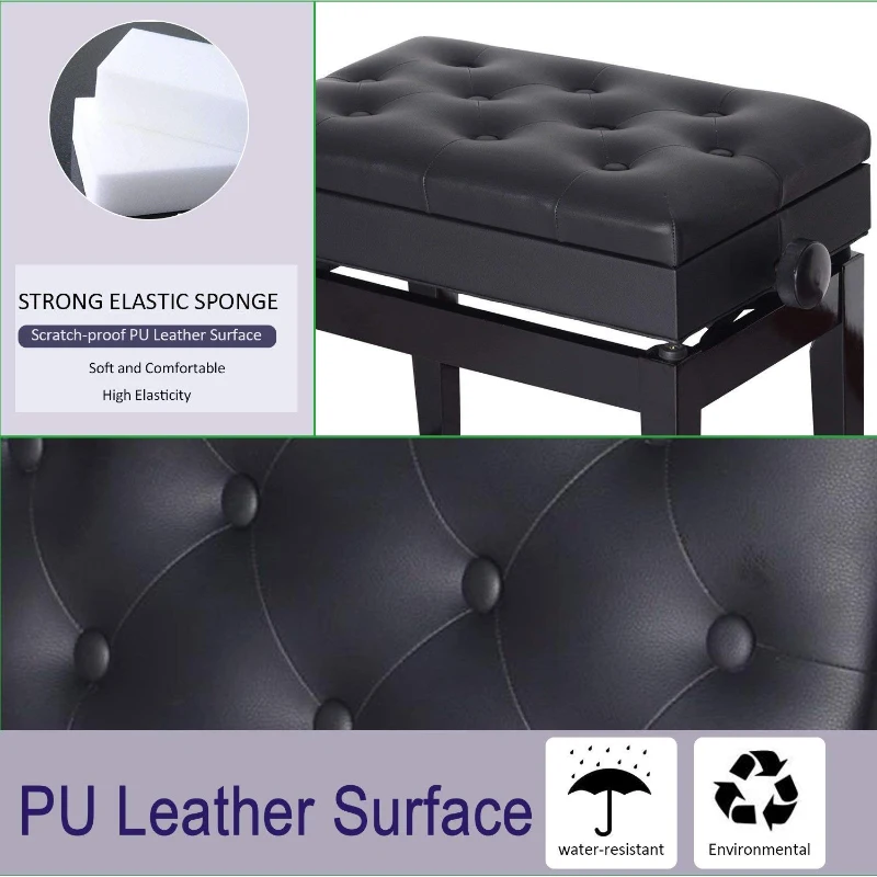 HOMCOM Adjustable Piano Bench with Storage and Soft PU Leather Padded, with Enough Music Storage Design, Black