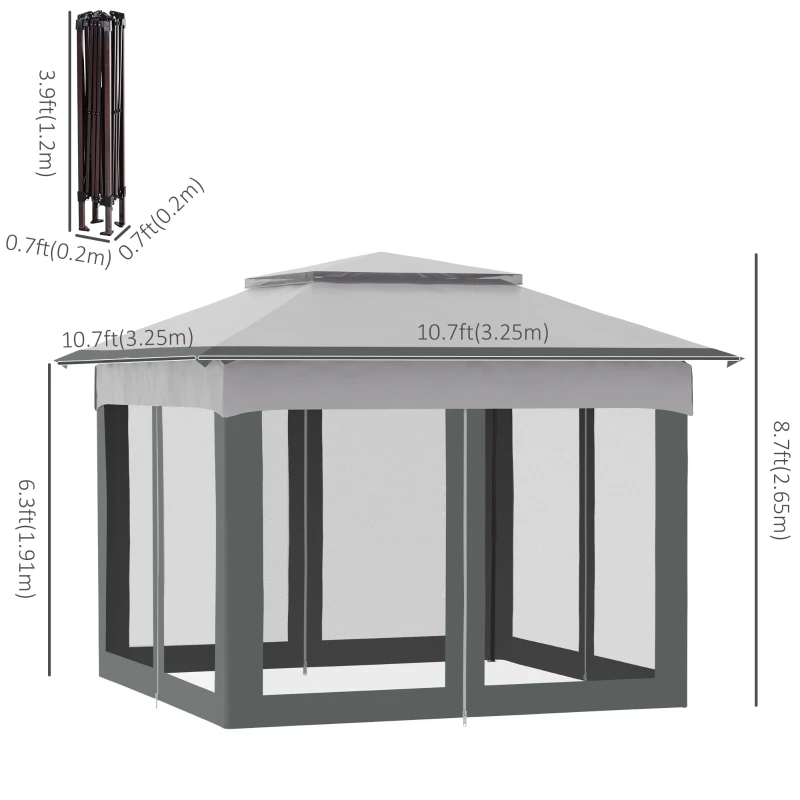 Outsunny 11' x 11' Pop Up Canopy, Outdoor Canopy Shelter Event Tent with 2-Tier Soft Top, Removable Zipper Netting, and Storage Bag, for Patio, Backyard, Garden, Light Grey