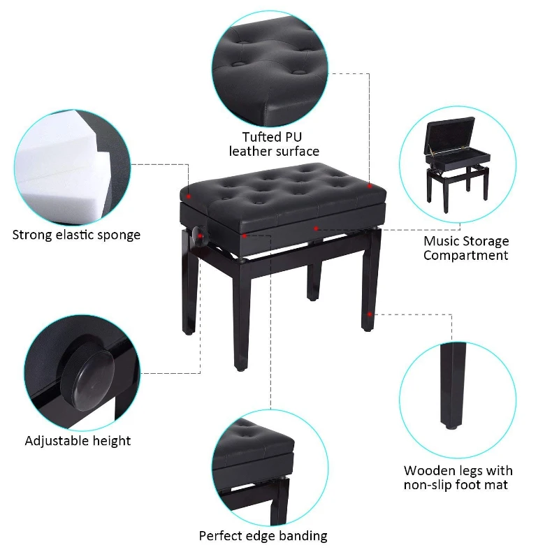 HOMCOM Adjustable Piano Bench with Storage and Soft PU Leather Padded, with Enough Music Storage Design, Black