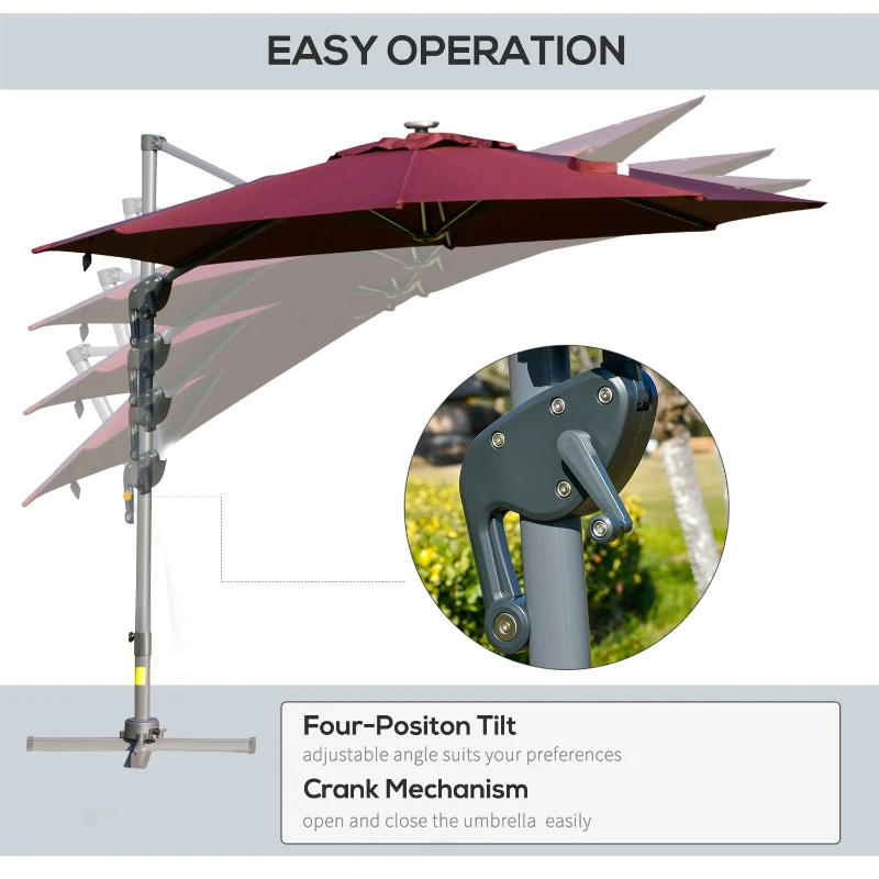 Outsunny 3m/10ft Outdoor Cantilever Sun Umbrella Solar LED Lighted Sun Shade Aluminum Market Umbrella with Adjustable Angle & 360° Rotation for Backyard, Poolside, Lawn and Garden Wine Red