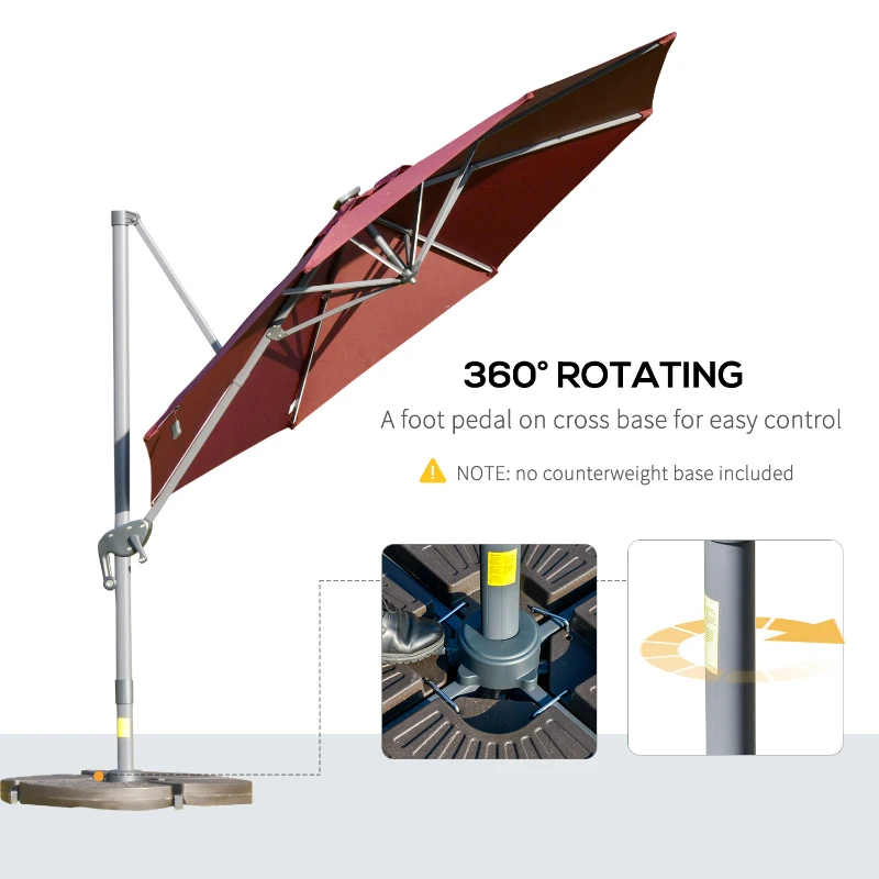 Outsunny 3m/10ft Outdoor Cantilever Sun Umbrella Solar LED Lighted Sun Shade Aluminum Market Umbrella with Adjustable Angle & 360° Rotation for Backyard, Poolside, Lawn and Garden Wine Red