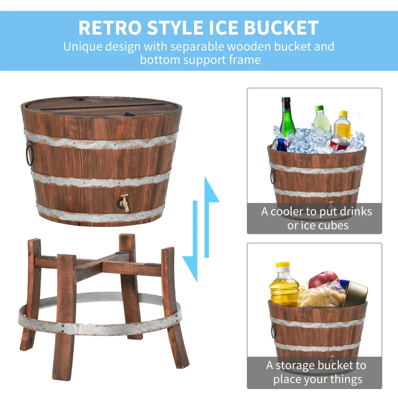 Outsunny 13 Gallons Retro Style Wooden Cooler Wood Ice Bucket with Separable Support Frame, Foldable Flip Cover and Faucet