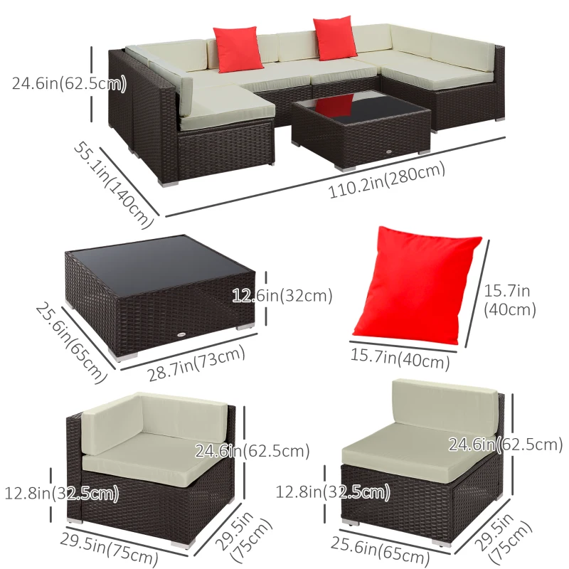 Outsunny 7 Pieces Patio Sofa Outdoor Wicker Sectional Patio Furniture, Dark Brown & Beige