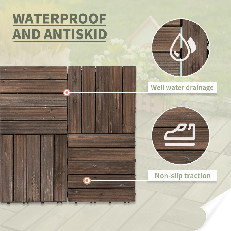 Outsunny 27 Pcs Wood Interlocking Deck Tiles, 12 x 12in Outdoor Flooring Tiles for Indoor and Outdoor Use, Tools Free Assembly, Black