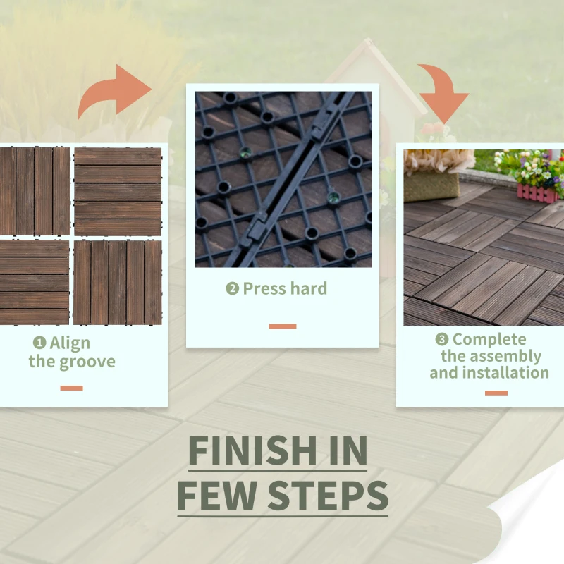 Outsunny 27 Pcs Wood Interlocking Deck Tiles, 12 x 12in Outdoor Flooring Tiles for Indoor and Outdoor Use, Tools Free Assembly, Black