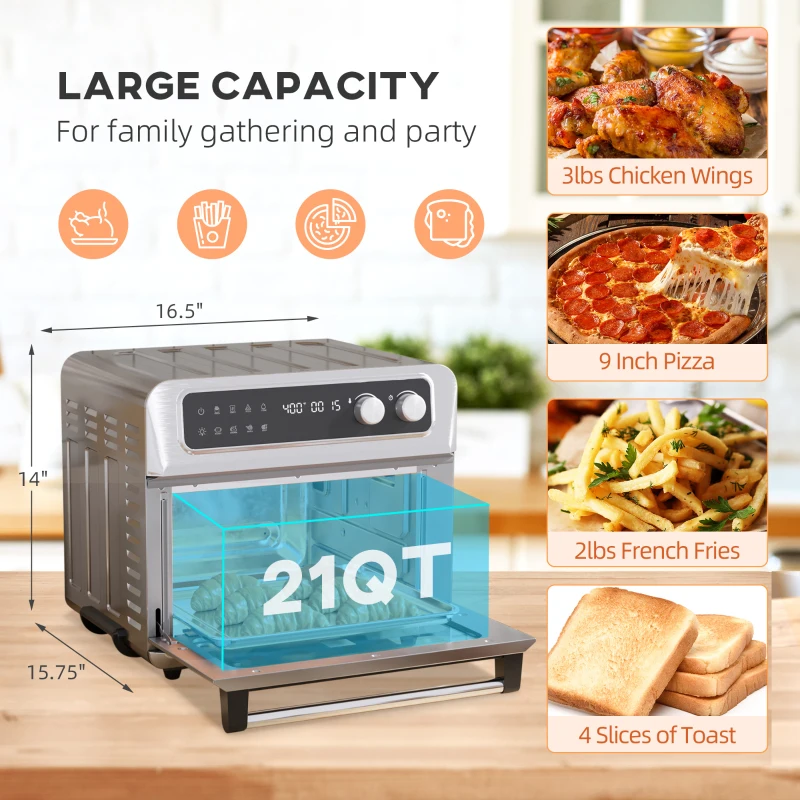 HOMCOM Air Fryer Toaster Oven, 21QT 8-In-1 Convection Oven Countertop, Broil, Toast, Dehydrator, Thaw and Air Fry,  Accessories Included, 1800W, Stainless Steel Finish