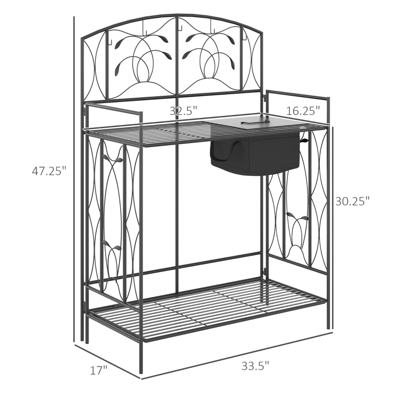 Outsunny Folding Potting Bench Table, Metal Garden Workstation, Work Bench with Large Built-in Bag with Cover, 5 Hanging Hooks & Storage Shelf, Leaf Pattern