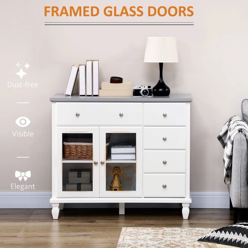 HOMCOM Modern Sideboard Buffet Cabinet with 5 Storage Drawers and Double Glass Door Cupboard for Living Room White
