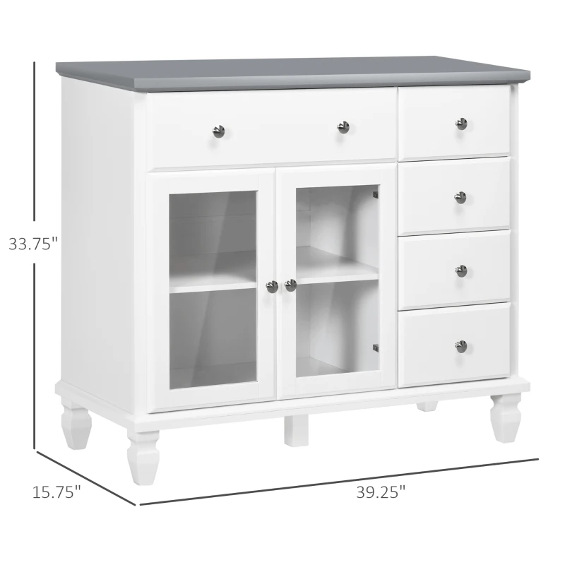 HOMCOM Modern Sideboard Buffet Cabinet with 5 Storage Drawers and Double Glass Door Cupboard for Living Room White
