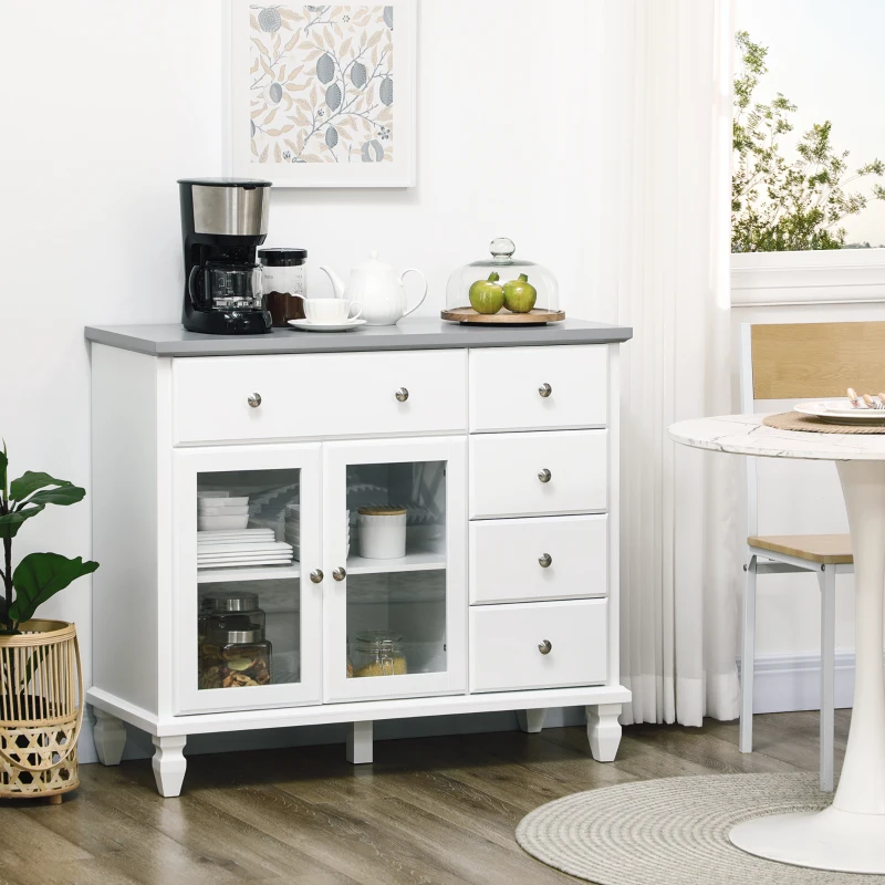 HOMCOM Modern Sideboard Buffet Cabinet with 5 Storage Drawers and Double Glass Door Cupboard for Living Room White