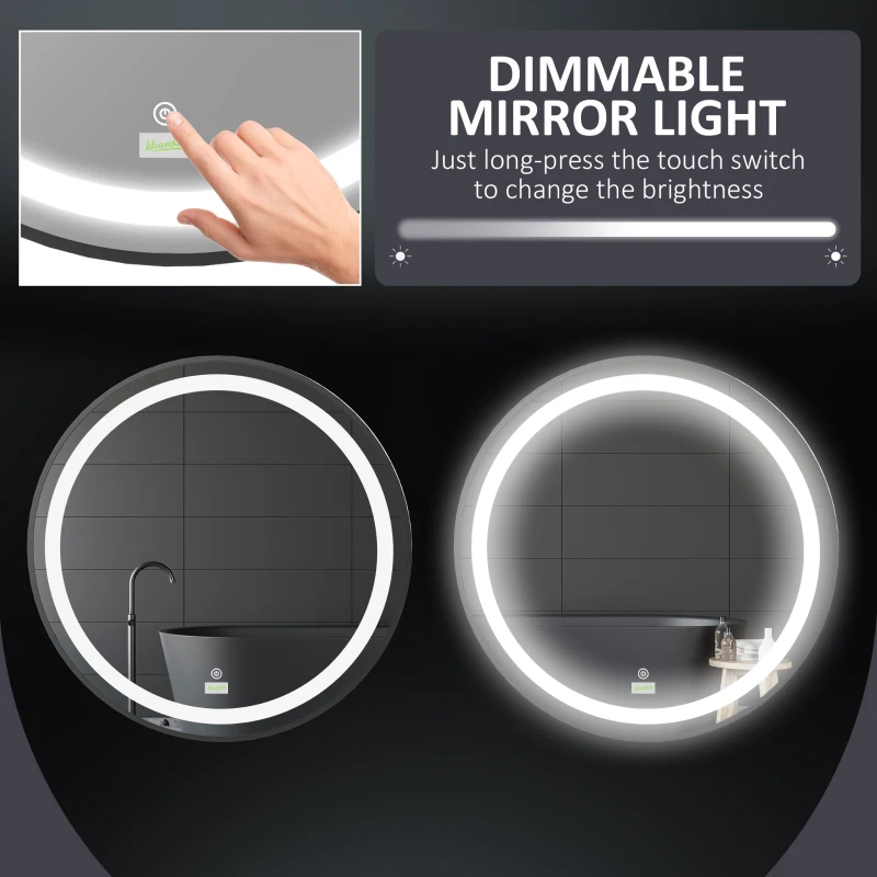 kleankin 24-Inch Lighted Bathroom Mirror for Wall, Dimmable LED Mirror with Memory Function, Round Mirror for Wall Decor