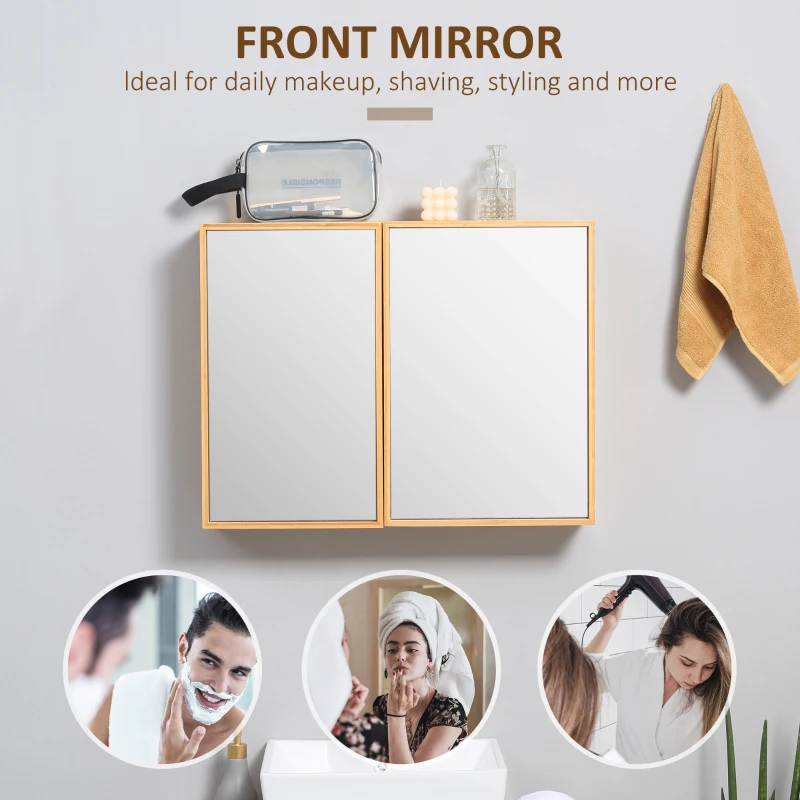 kleankin Planet-Friendly Bamboo Cabinet Bathroom Mirror Storage, Bathroom Wall Cabinet Sink & Over Toilet Storage