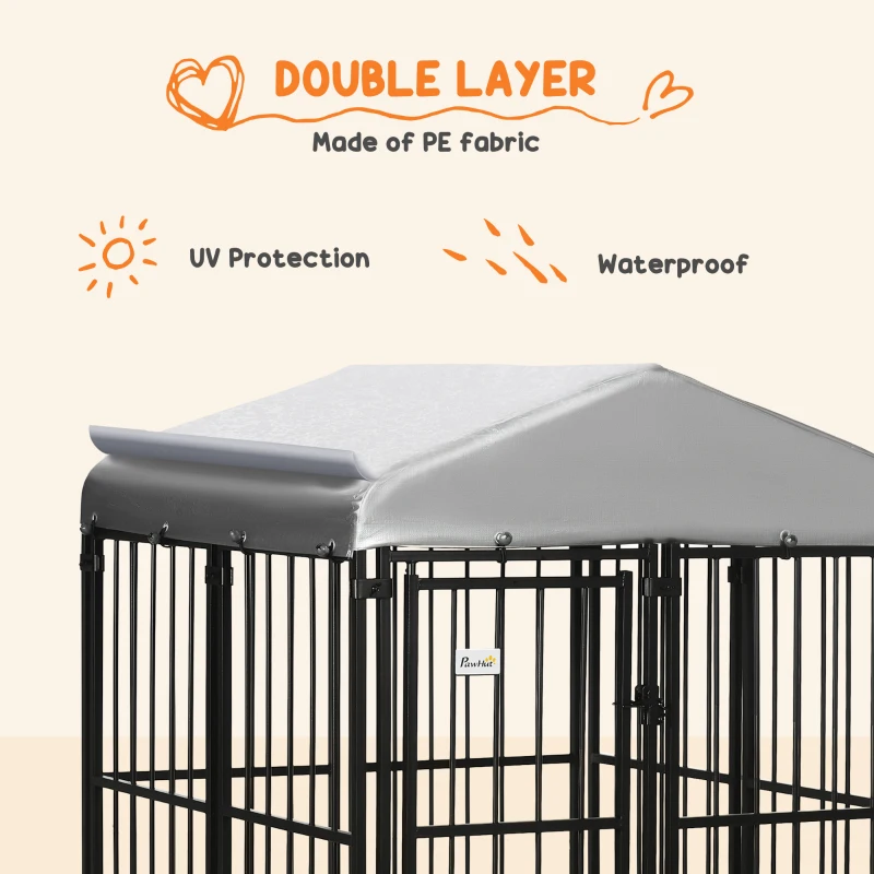 PawHut 4' x 4' Dog Kennel, Outdoor Dog Playpen Run with Waterproof, UV Resistant Canopy, Heavy-Duty Chain Link for Small and Medium Dogs