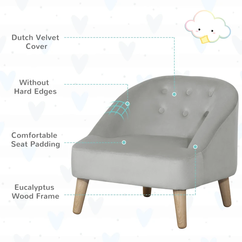 Qaba Kids Sofa Set, Toddler Chair, Sofa & Ottoman for Bedroom, Playroom, Kids Couch for Boys and Girls, Grey