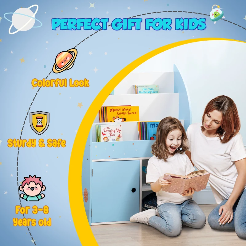 Qaba Toy Storage Organizer, Kids Bookshelf, Freestanding Children Bookcase with Colorful Patterns for Toys, Books, Blue