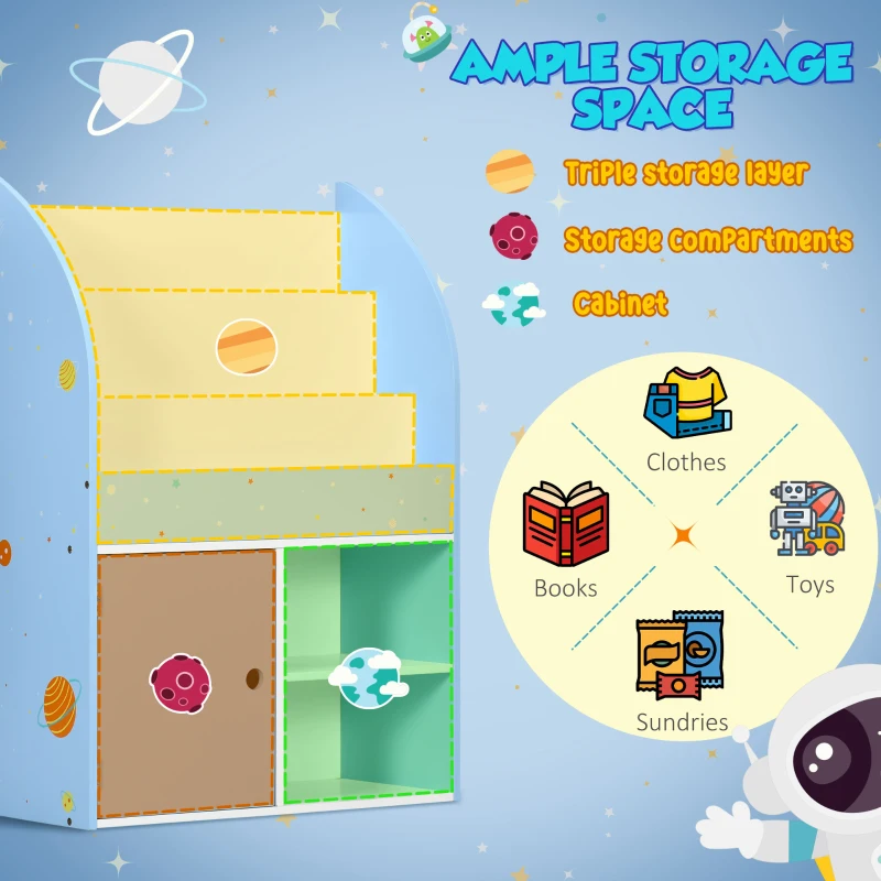 Qaba Toy Storage Organizer, Kids Bookshelf, Freestanding Children Bookcase with Colorful Patterns for Toys, Books, Blue