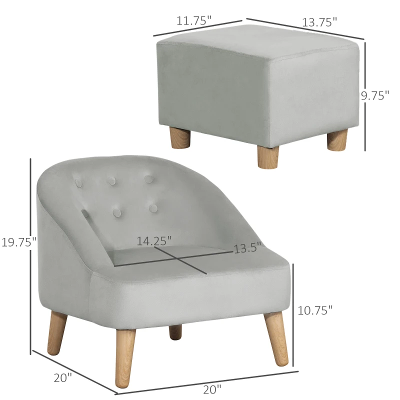 Qaba Kids Sofa Set, Toddler Chair, Sofa & Ottoman for Bedroom, Playroom, Kids Couch for Boys and Girls, Grey