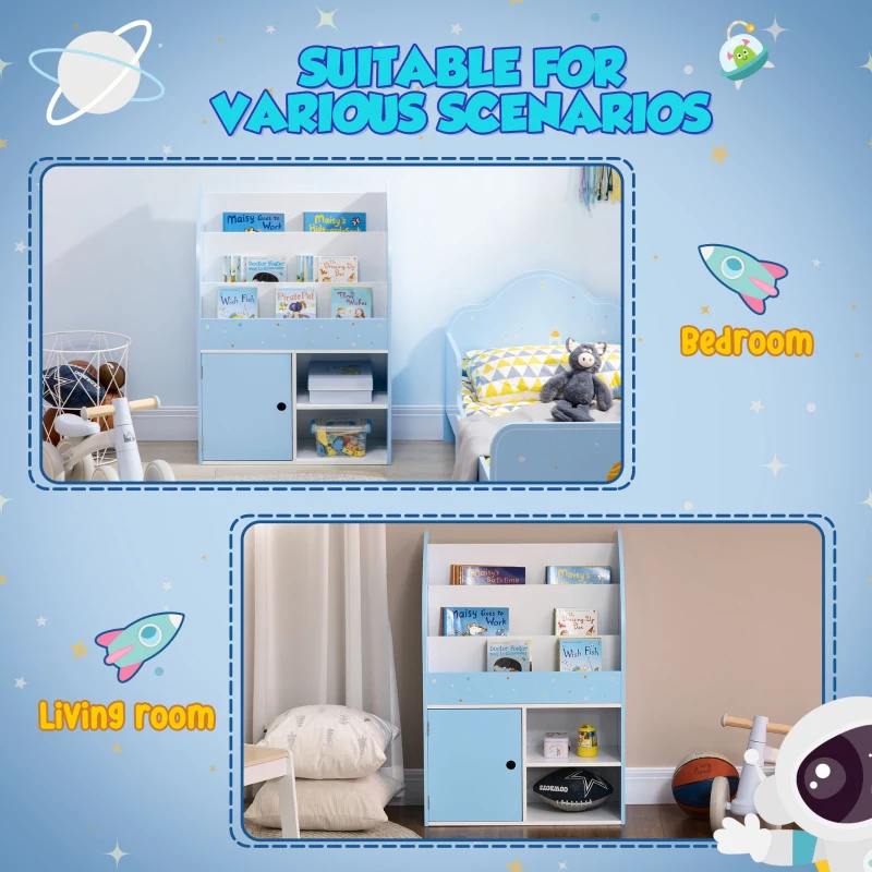 Qaba Toy Storage Organizer, Kids Bookshelf, Freestanding Children Bookcase with Colorful Patterns for Toys, Books, Blue