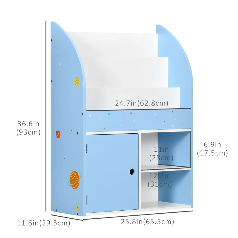 Qaba Toy Storage Organizer, Kids Bookshelf, Freestanding Children Bookcase with Colorful Patterns for Toys, Books, Blue