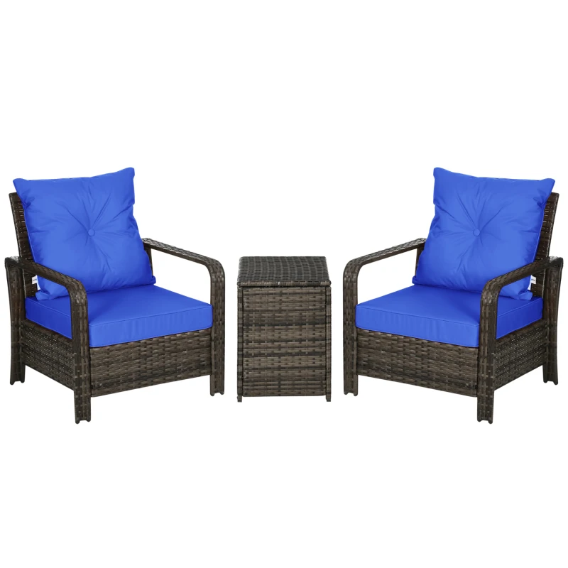 Outsunny 3 Pieces Wicker Patio Furniture Set, Rattan Bistro Set with Storage Coffee Table and Thickened Cushions, Outdoor Conversation Set for Garden, Porch, Balcony, Blue