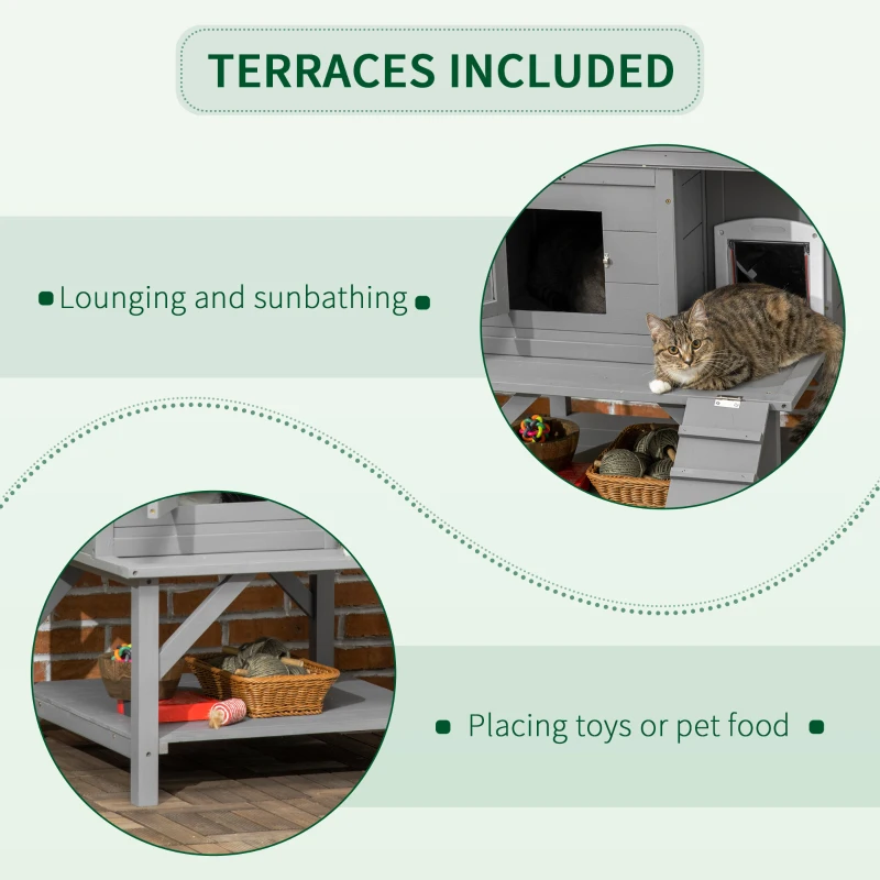 PawHut Wooden Cat House Outdoor with Escape Door, Weatherproof 3-Floor Cat Shelter for 1-2 Feral Cats with Asphalt Roof, Balcony, Stair, Gray