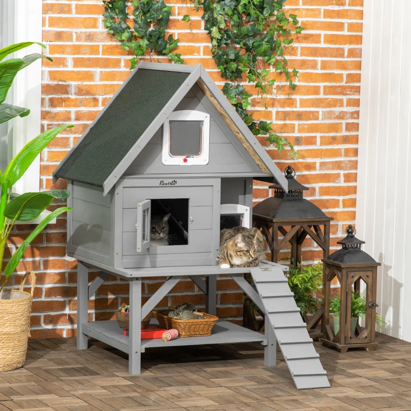 PawHut Wooden Cat House Outdoor with Escape Door, Weatherproof 3-Floor Cat Shelter for 1-2 Feral Cats with Asphalt Roof, Balcony, Stair, Gray