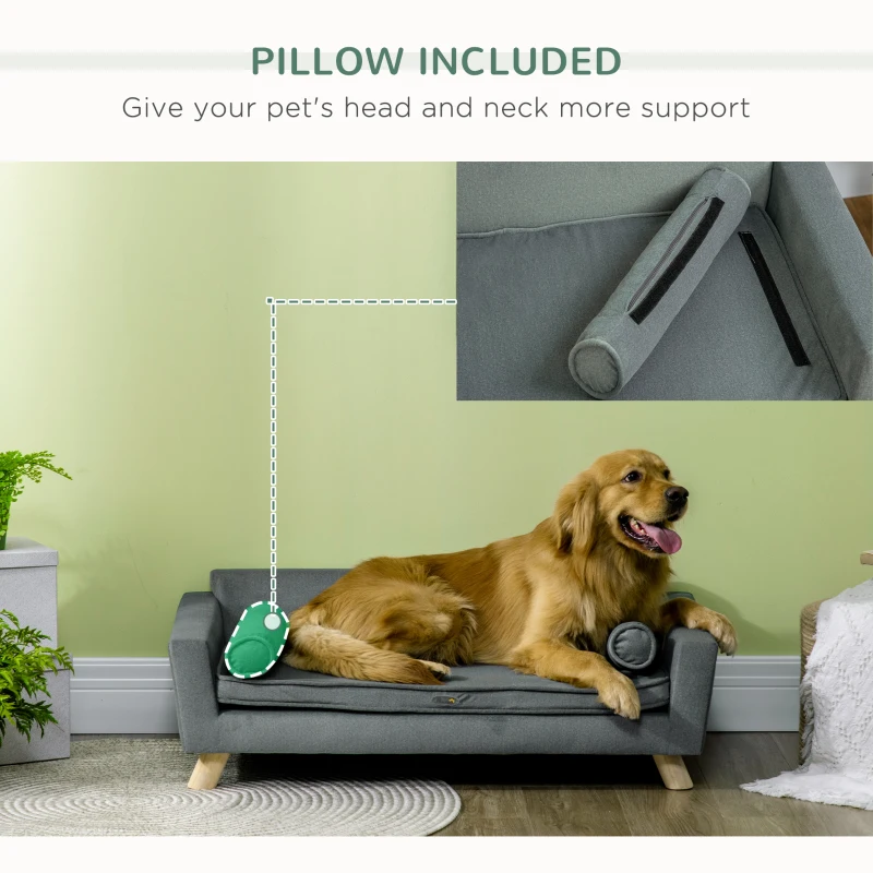 PawHut Dog Sofa Bed with Removable Pillows, Foam Pet Sofa Cat Sofa with Removable Washable Cushion, Water-resistant Fabric, for Medium and Large Dogs, Grey