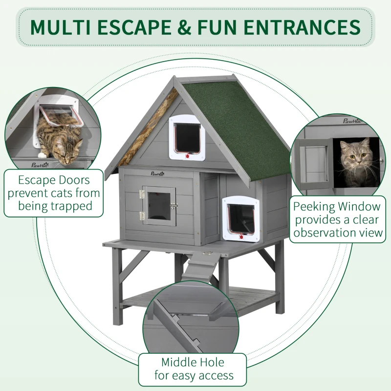 PawHut Wooden Cat House Outdoor with Escape Door, Weatherproof 3-Floor Cat Shelter for 1-2 Feral Cats with Asphalt Roof, Balcony, Stair, Gray
