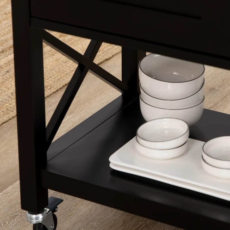 HOMCOM Rolling Kitchen Island Cart with Rubberwood Top and Storage, Black