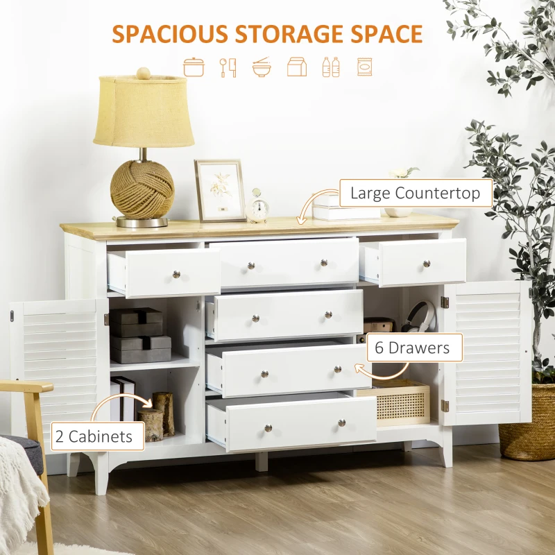 HOMCOM Sideboard Buffet Cabinet with Storage Drawers, Rubber Wood Top and Adjustable Shelves, Kitchen Cabinet Coffee Bar Cabinet, White