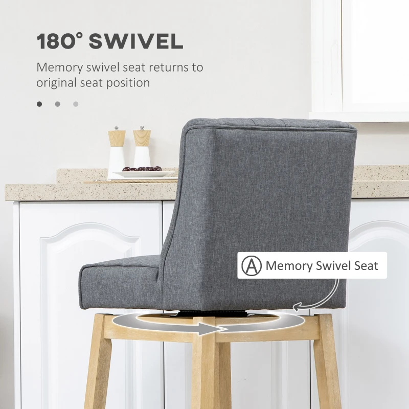 HOMCOM Bar Height Bar Stools Set of 2, 180 Degree Swivel Barstools with Solid Wood Footrests and Button Tufted Design, 30" Seat Height Bar Chairs for Kitchen Island, Gray
