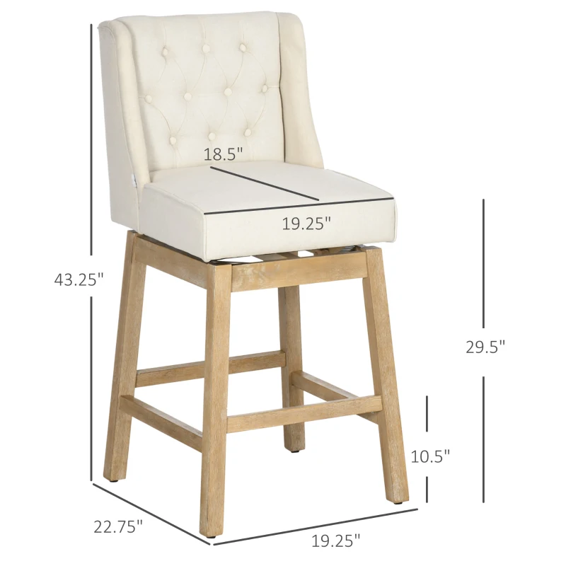 HOMCOM Bar Height Bar Stools Set of 2, 180 Degree Swivel Barstools, 30" Seat Height Bar Chairs with Solid Wood Footrests and Button Tufted Design, Beige