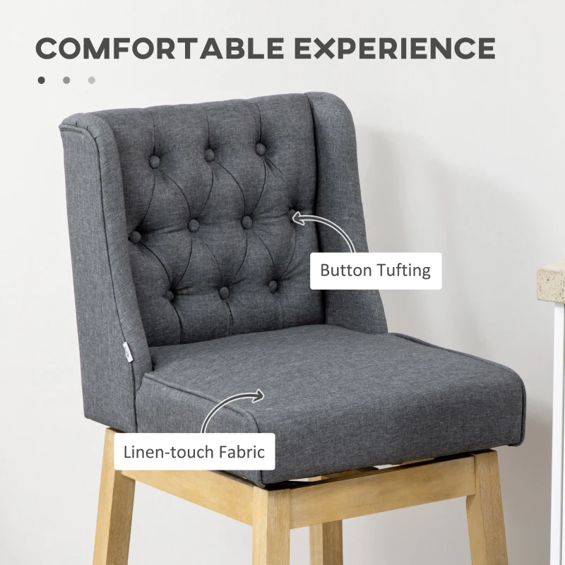 HOMCOM Bar Height Bar Stools Set of 2, 180 Degree Swivel Barstools with Solid Wood Footrests and Button Tufted Design, 30" Seat Height Bar Chairs for Kitchen Island, Gray