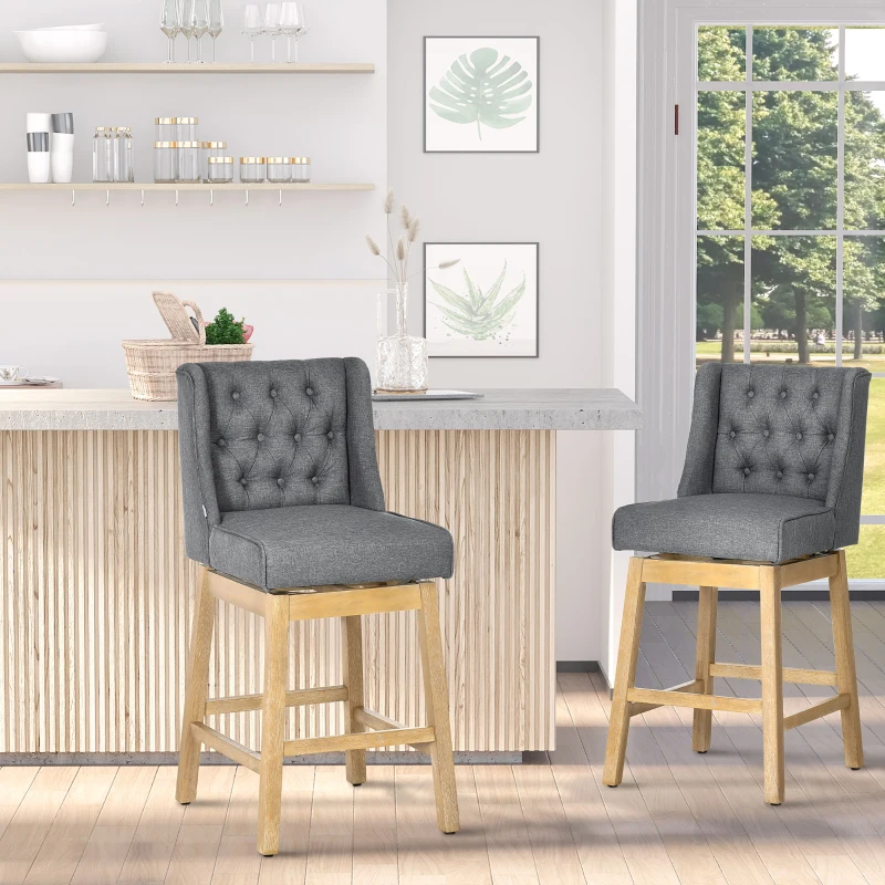 HOMCOM Bar Height Bar Stools Set of 2, 180 Degree Swivel Barstools with Solid Wood Footrests and Button Tufted Design, 30" Seat Height Bar Chairs for Kitchen Island, Gray