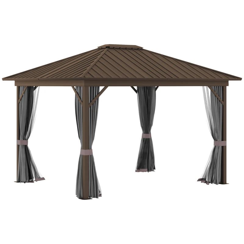 Outsunny 10' x 12' Hardtop Gazebo Canopy with Galvanized Steel Roof, Aluminum Frame, Permanent Pavilion Outdoor Gazebo with Netting, Curtains, Top Hook, Dark Grey