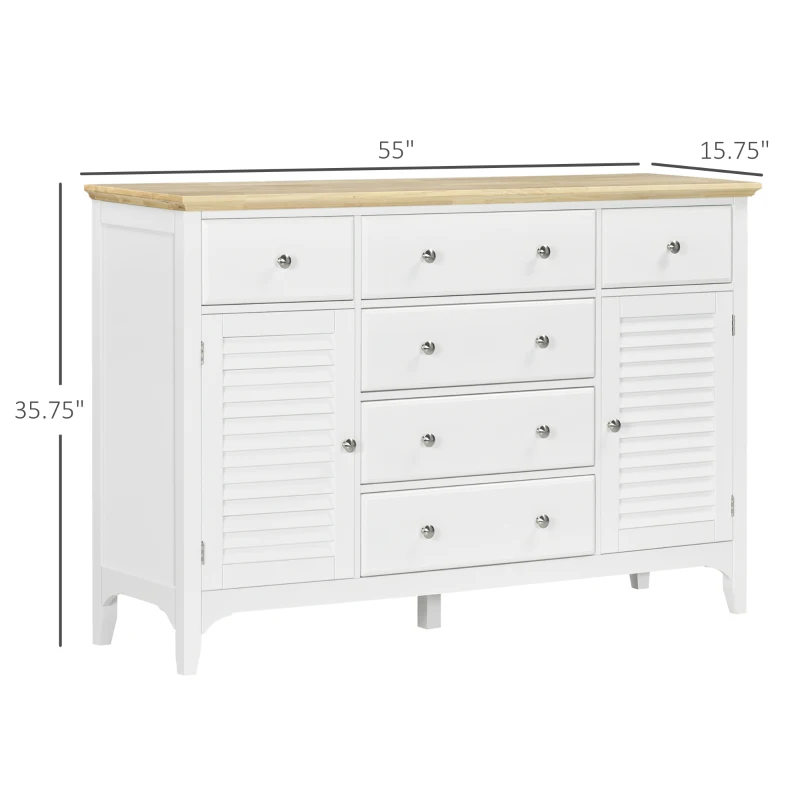 HOMCOM Sideboard Buffet Cabinet with Storage Drawers, Rubber Wood Top and Adjustable Shelves, Kitchen Cabinet Coffee Bar Cabinet, White