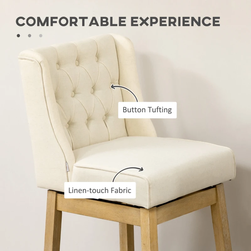 HOMCOM Bar Height Bar Stools Set of 2, 180 Degree Swivel Barstools, 30" Seat Height Bar Chairs with Solid Wood Footrests and Button Tufted Design, Beige