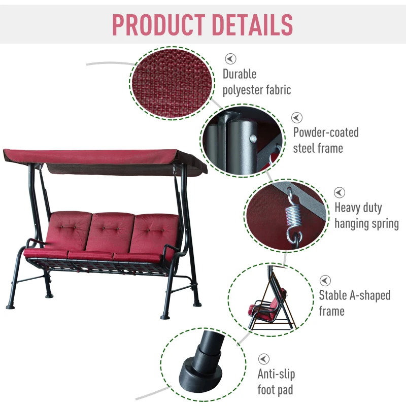 Outsunny 3-Person Porch Swing Chair, Patio Swing Bench with Adjustable Canopy, Removable Thicken Cushion and Weather Resistant Steel Frame for Outdoor, Garden, Poolside, Wine Red
