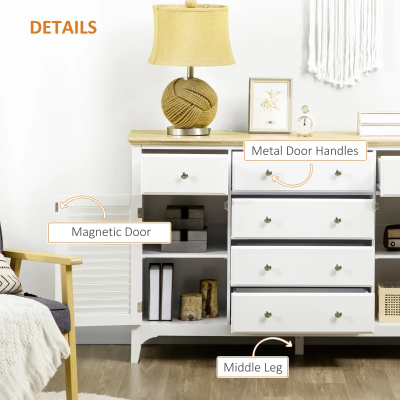 HOMCOM Sideboard Buffet Cabinet with Storage Drawers, Rubber Wood Top and Adjustable Shelves, Kitchen Cabinet Coffee Bar Cabinet, White