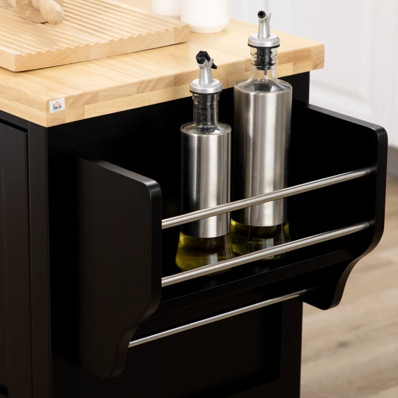 HOMCOM Rolling Kitchen Island Cart with Rubberwood Top and Storage, Black