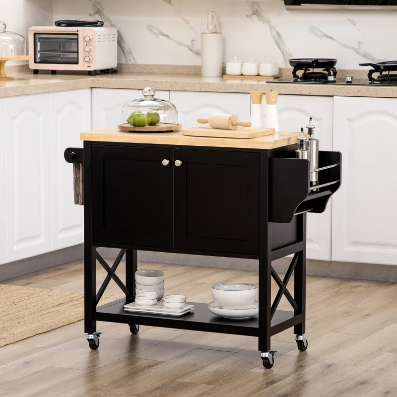 HOMCOM Rolling Kitchen Island Cart with Rubberwood Top and Storage, Black