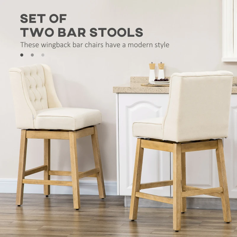 HOMCOM Bar Height Bar Stools Set of 2, 180 Degree Swivel Barstools, 30" Seat Height Bar Chairs with Solid Wood Footrests and Button Tufted Design, Beige