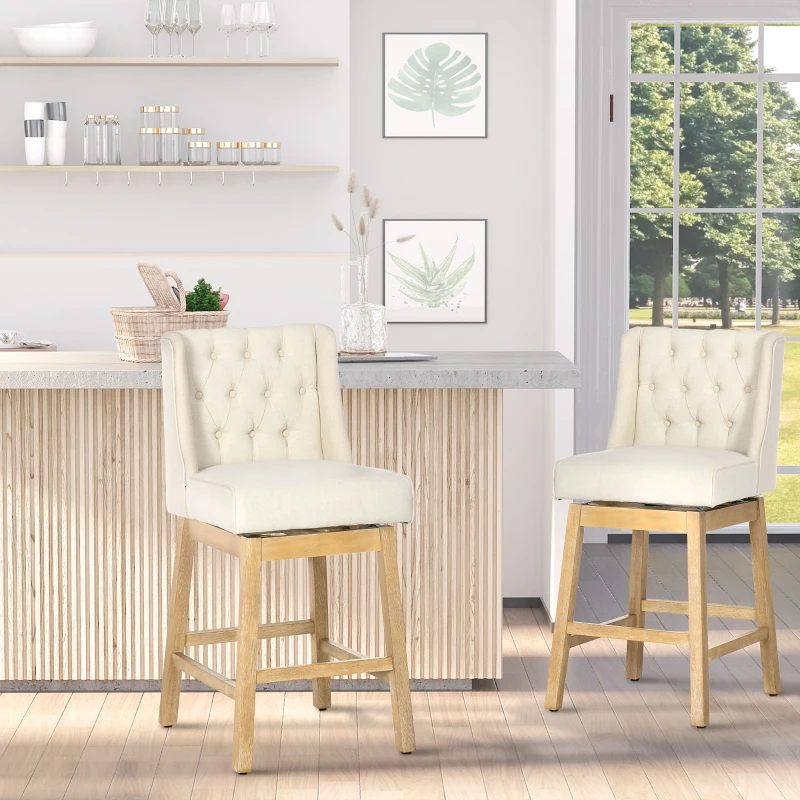 HOMCOM Bar Height Bar Stools Set of 2, 180 Degree Swivel Barstools, 30" Seat Height Bar Chairs with Solid Wood Footrests and Button Tufted Design, Beige