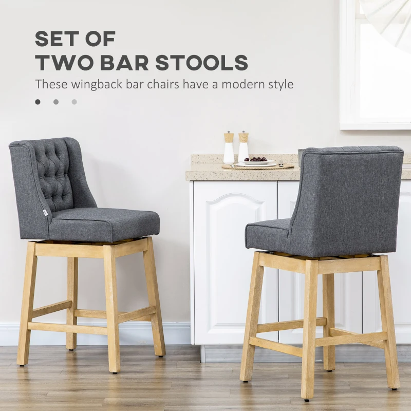 HOMCOM Bar Height Bar Stools Set of 2, 180 Degree Swivel Barstools with Solid Wood Footrests and Button Tufted Design, 30" Seat Height Bar Chairs for Kitchen Island, Gray