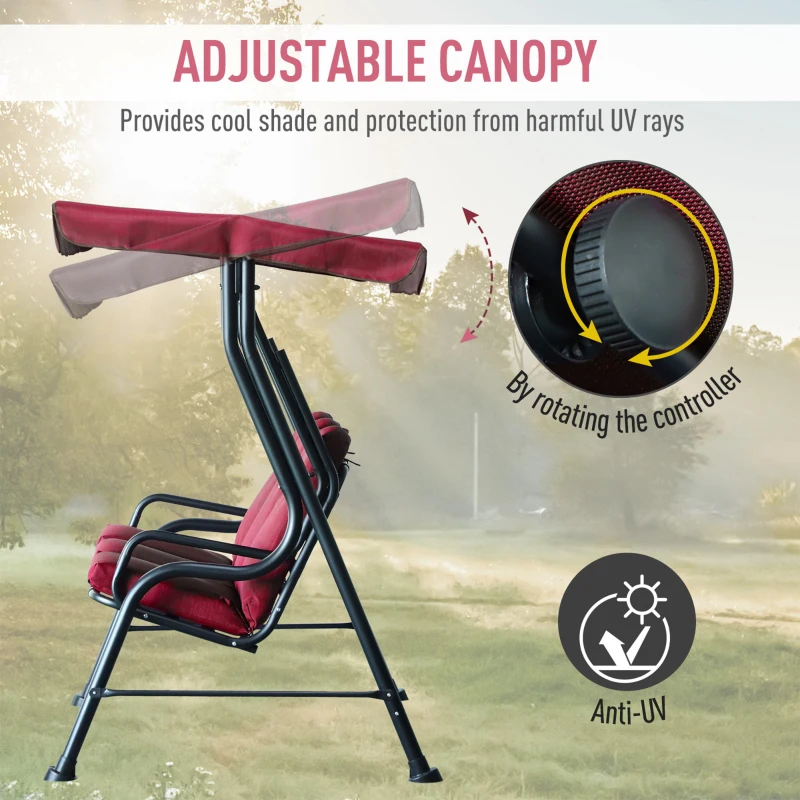 Outsunny 3-Person Porch Swing Chair, Patio Swing Bench with Adjustable Canopy, Removable Thicken Cushion and Weather Resistant Steel Frame for Outdoor, Garden, Poolside, Wine Red