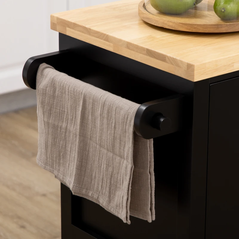 HOMCOM Rolling Kitchen Island Cart with Rubberwood Top and Storage, Black