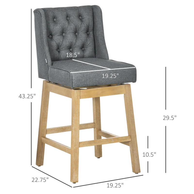 HOMCOM Bar Height Bar Stools Set of 2, 180 Degree Swivel Barstools with Solid Wood Footrests and Button Tufted Design, 30" Seat Height Bar Chairs for Kitchen Island, Gray