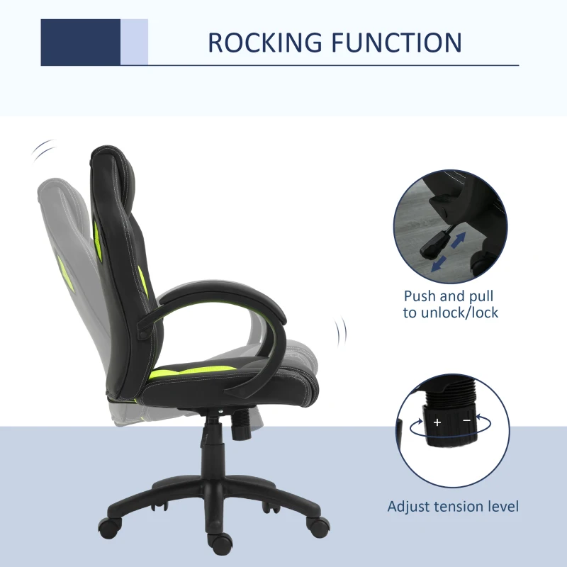 HOMCOM Racing Gaming Chair Office Chair Computer Desk Gamer Chair with Swivel Wheels, Padded Headrest, Tilt Function, Green